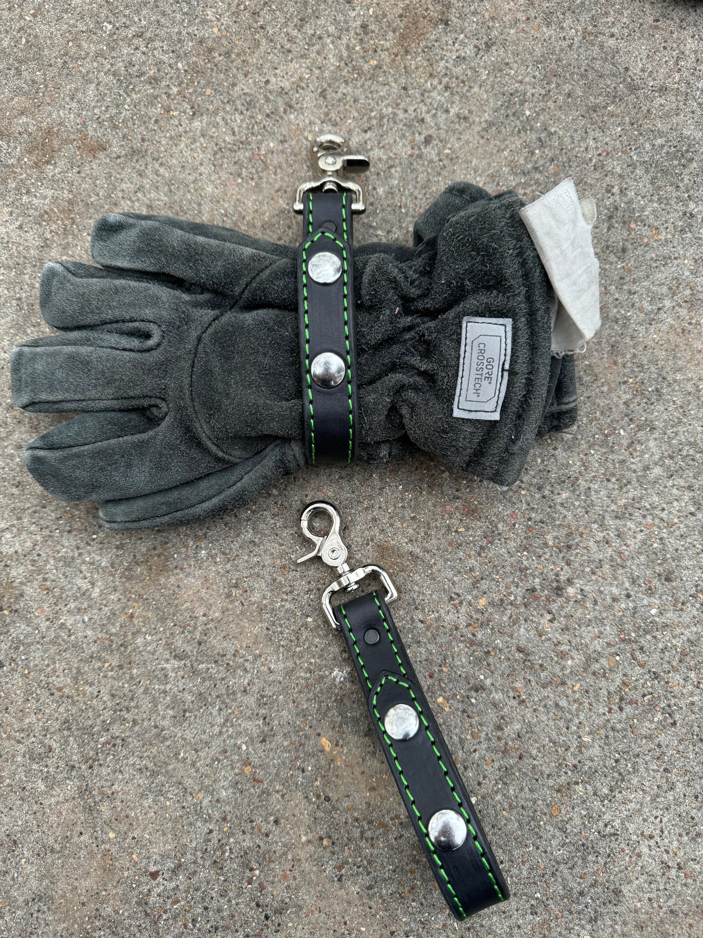 Glove Strap with Snaps - Black with Green Stitching/Silver Hardware