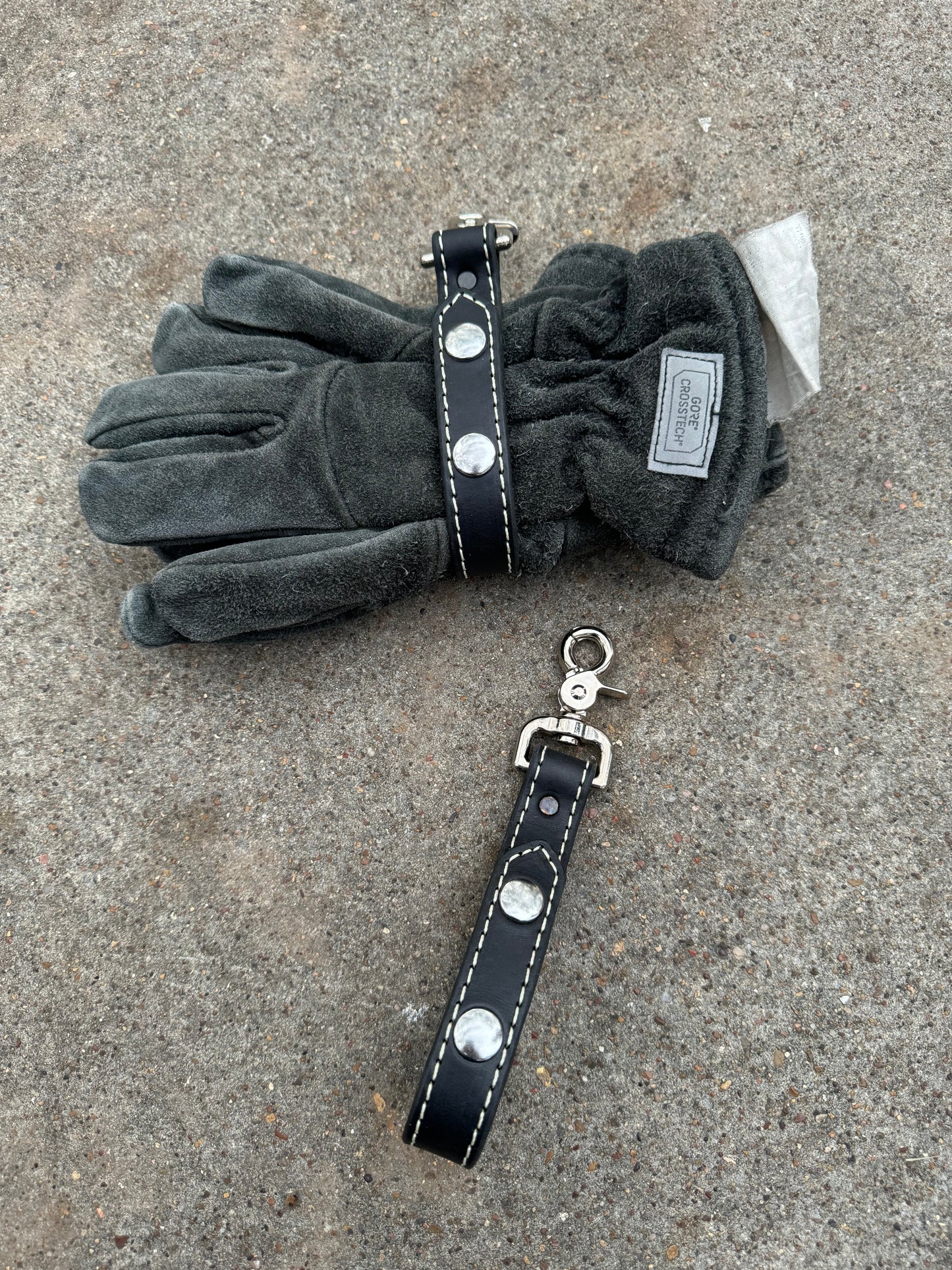 Glove Strap with Snaps - Black with White Stitching/Silver Hardware