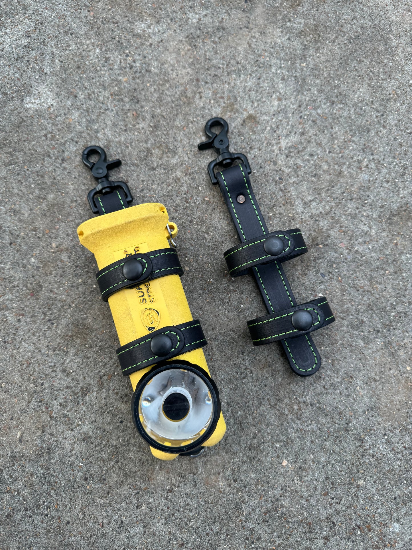 Inverted Flashlight Strap - Black with Green Stitching