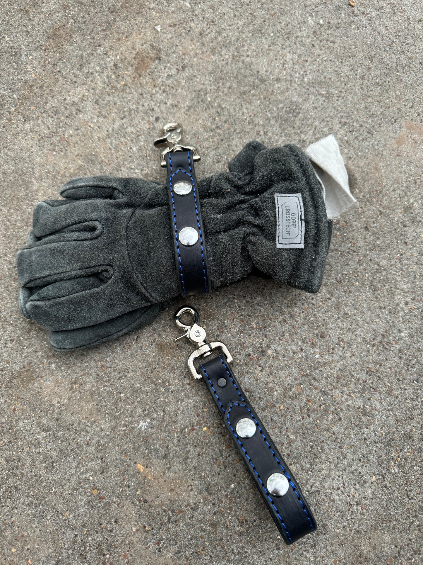 Glove Strap with Snaps - Black with Blue Stitching/Silver Hardware