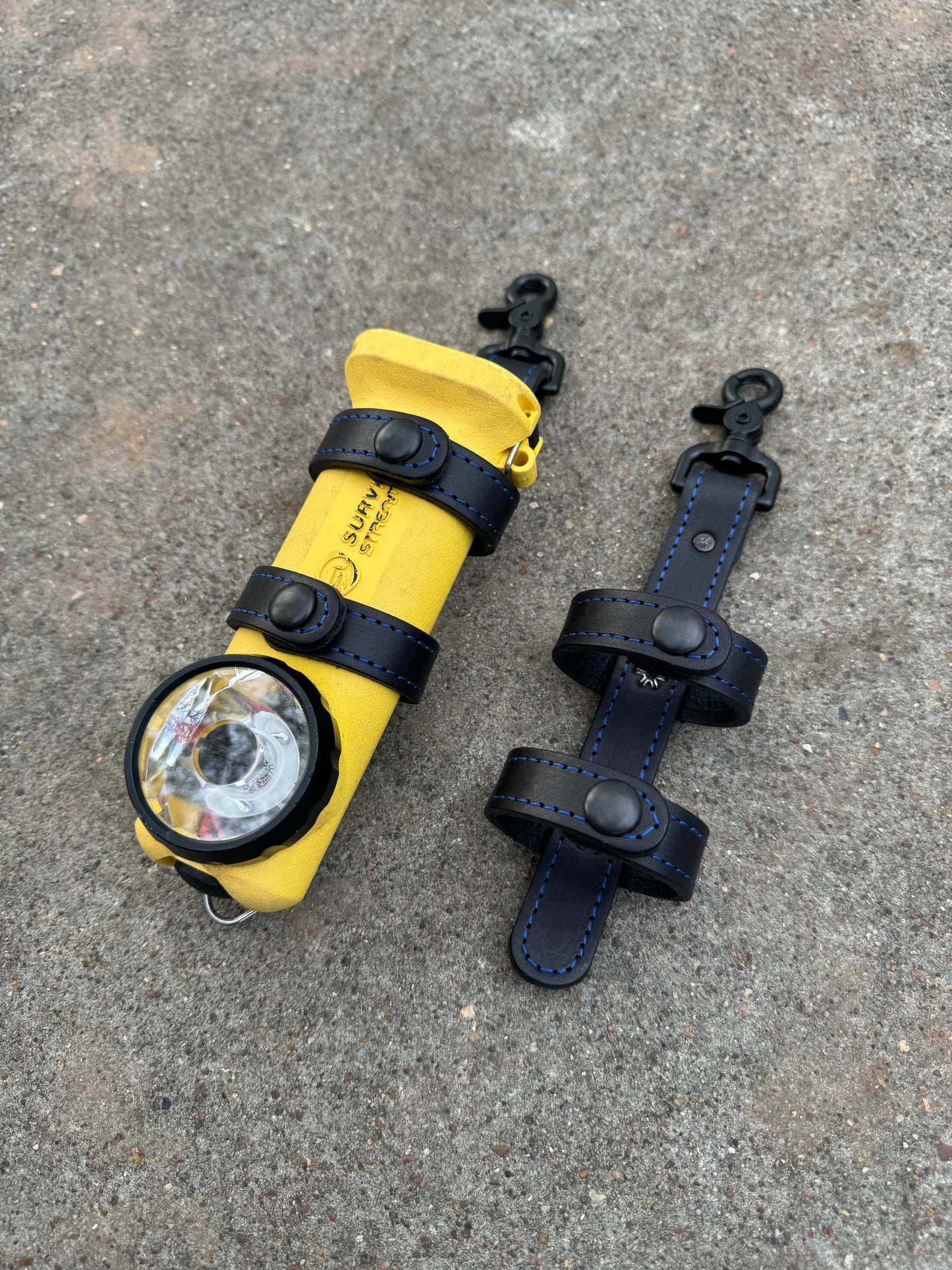 Inverted Flashlight Strap - Black with Blue Stitching