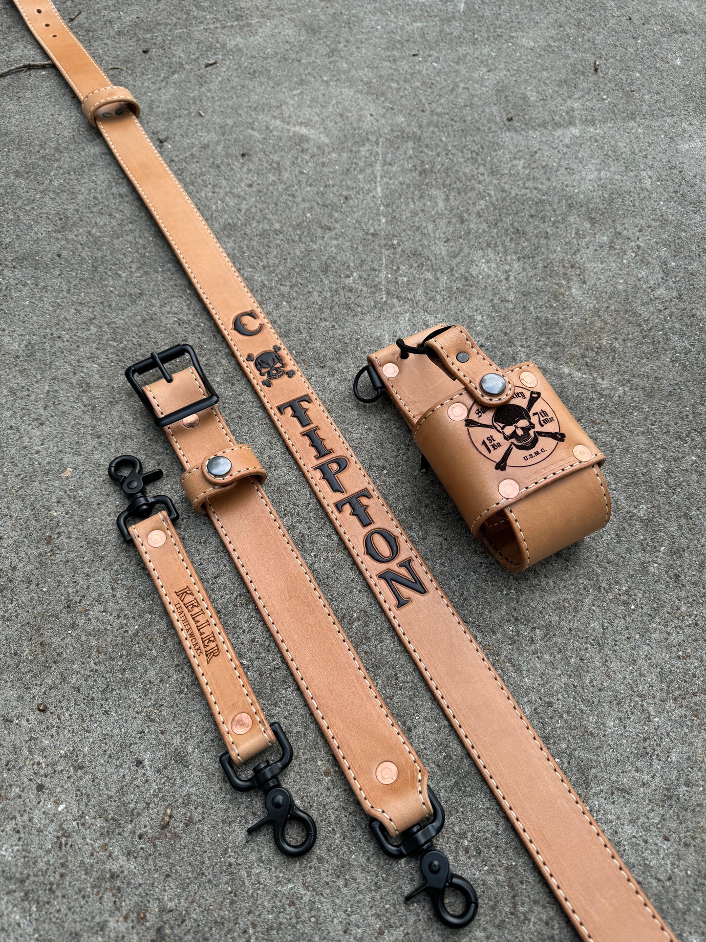 Russet Bridle with Black Letters and White Stitching - Radio Strap
