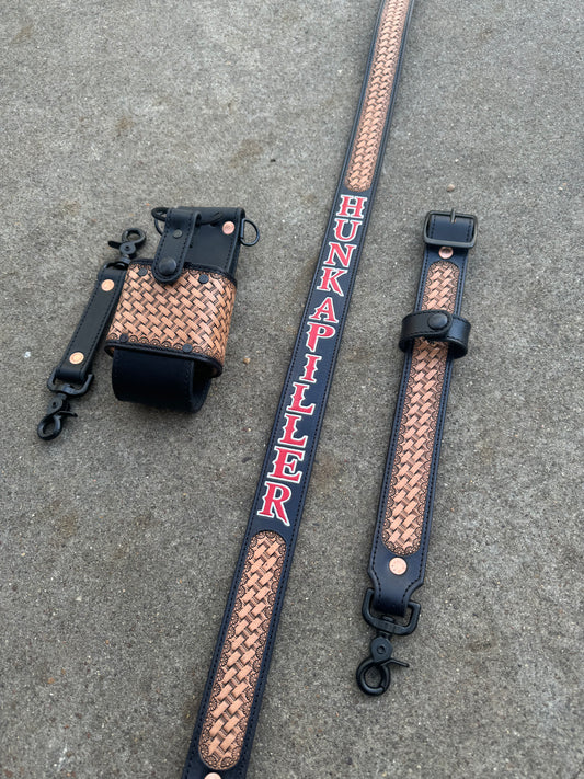 Basketweave with Black Border, Red/White Letters and Black Stitching - Radio Strap