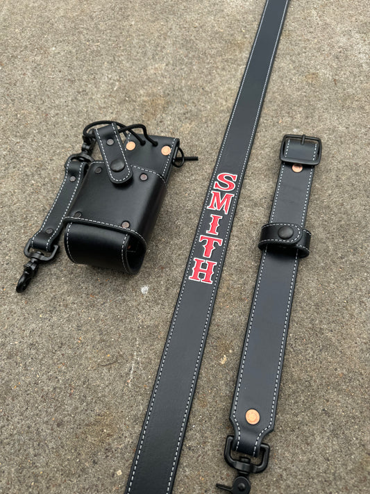 Black with Red/White Letters and White Stitching - Radio Strap