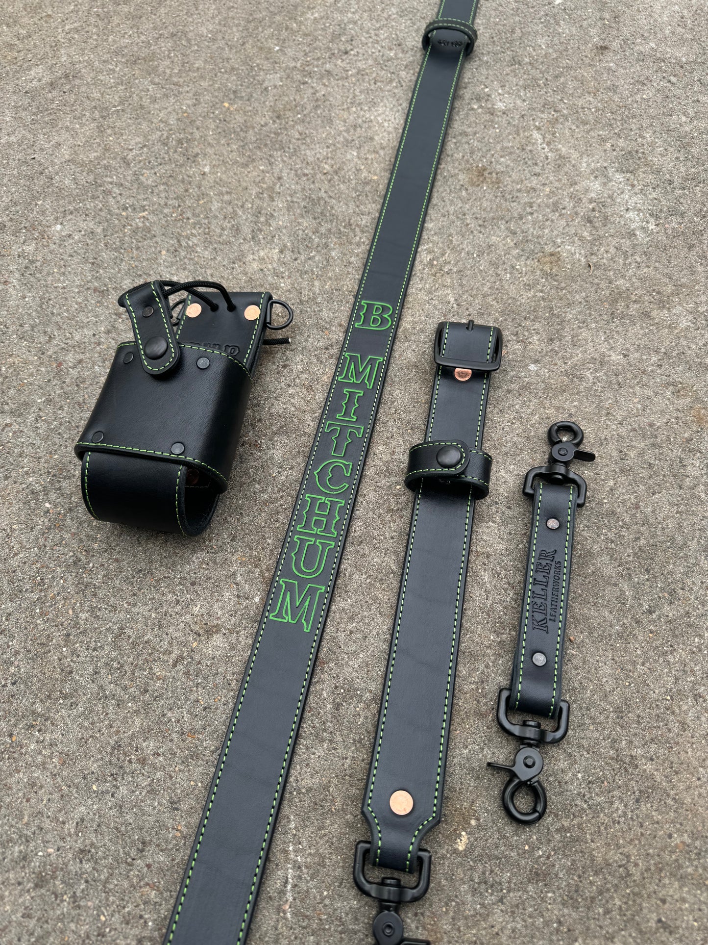 Black with Green Outlined Letters and Green Stitching - Radio Strap